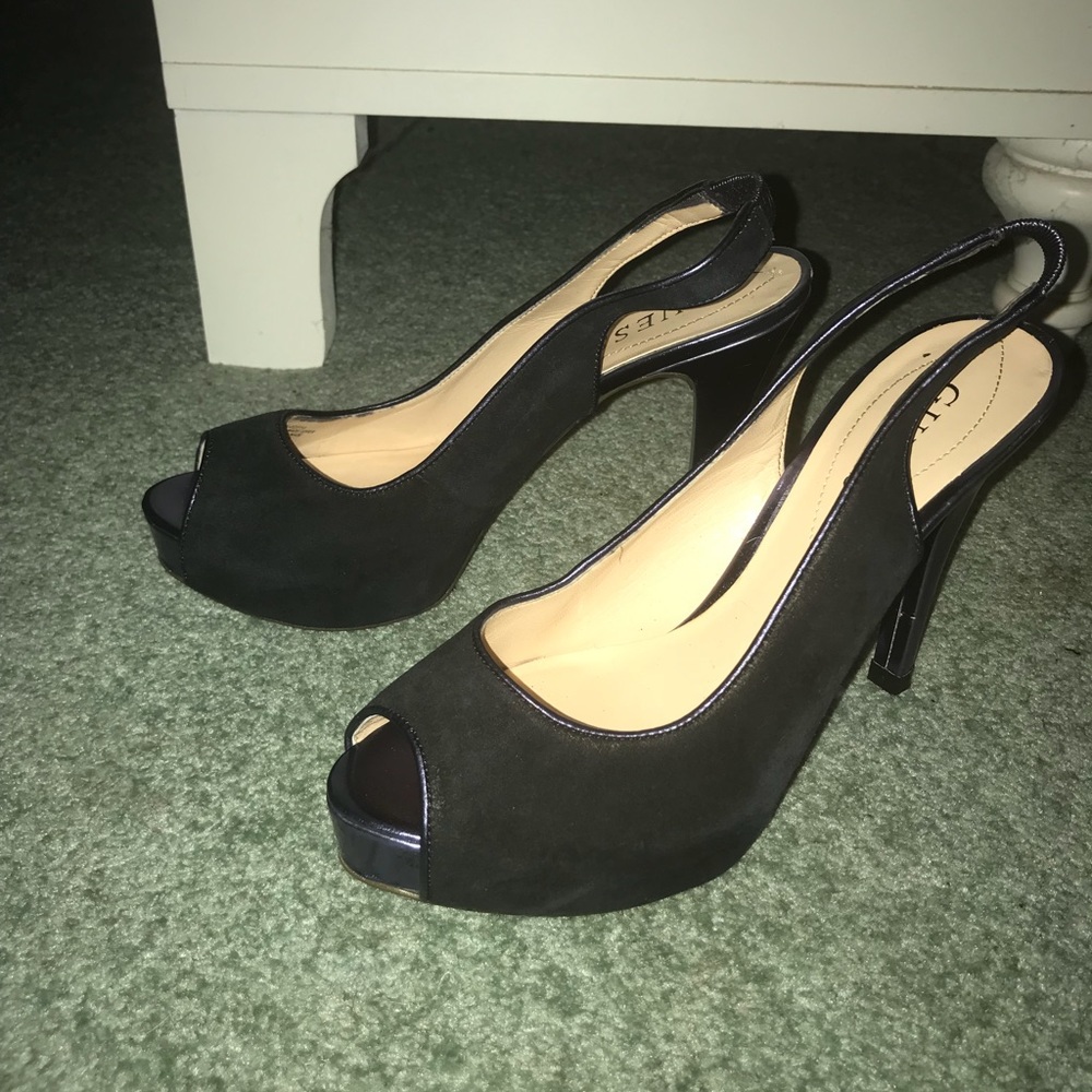 High heel open toe blue & black sandal from Guess